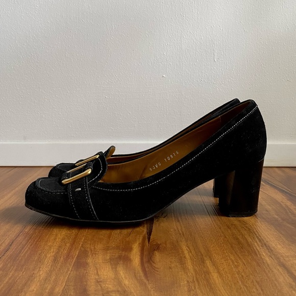 Ferragamo Suede Heels with Gold Hardware - Picture 3 of 10